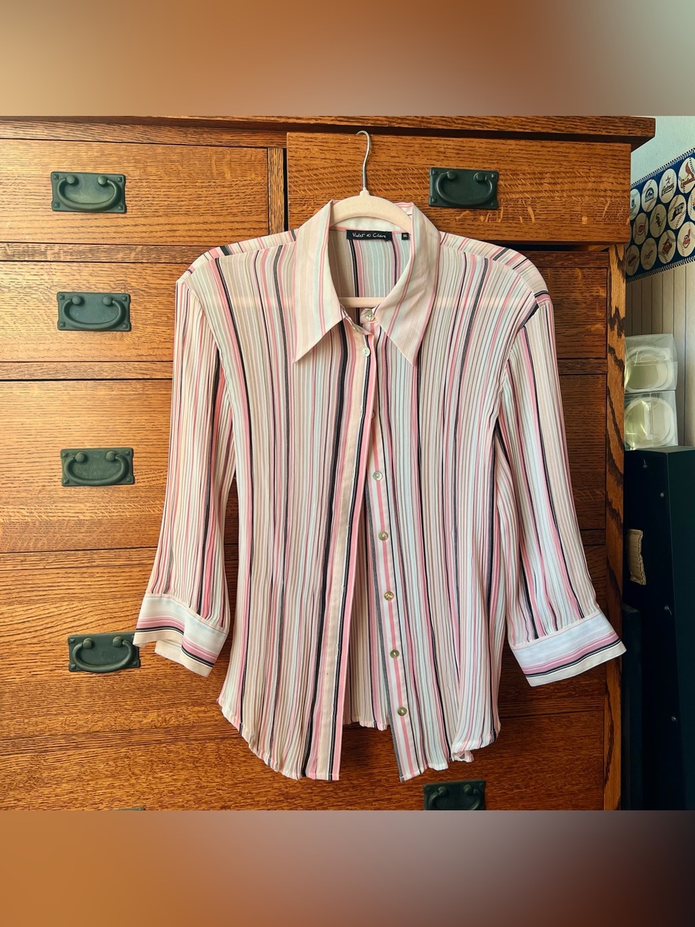 XL Y2K Plisse Striped Button Down Pink Blouse - EUC
